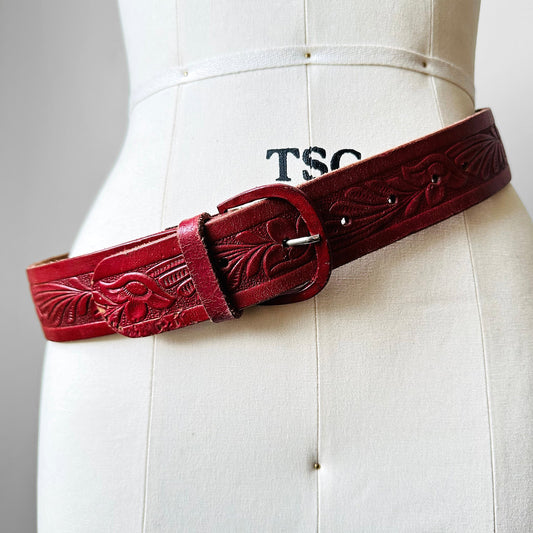 1970s Dark Cherry Red Tooled Leather Belt - Sz. 29-34