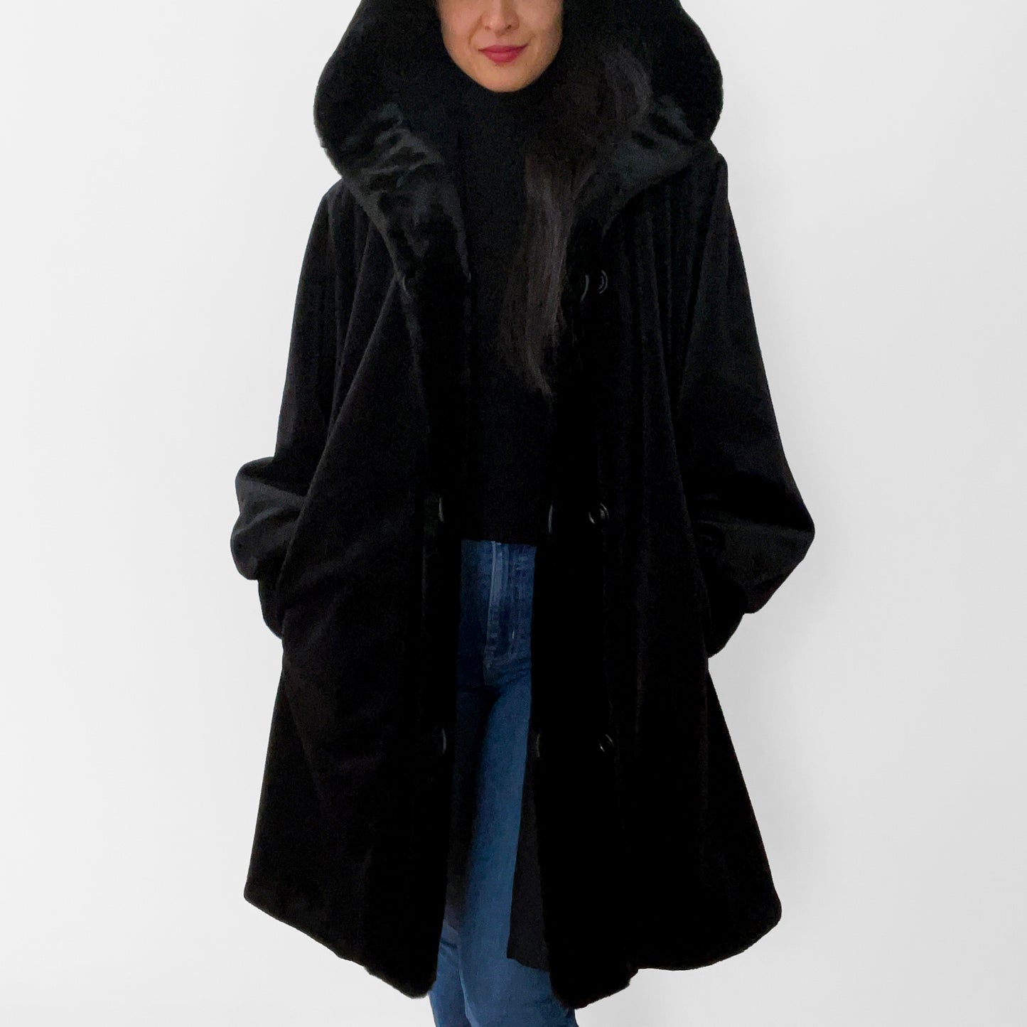 1980s Black Faux-Fur Reversible Hooded A-Line Coat