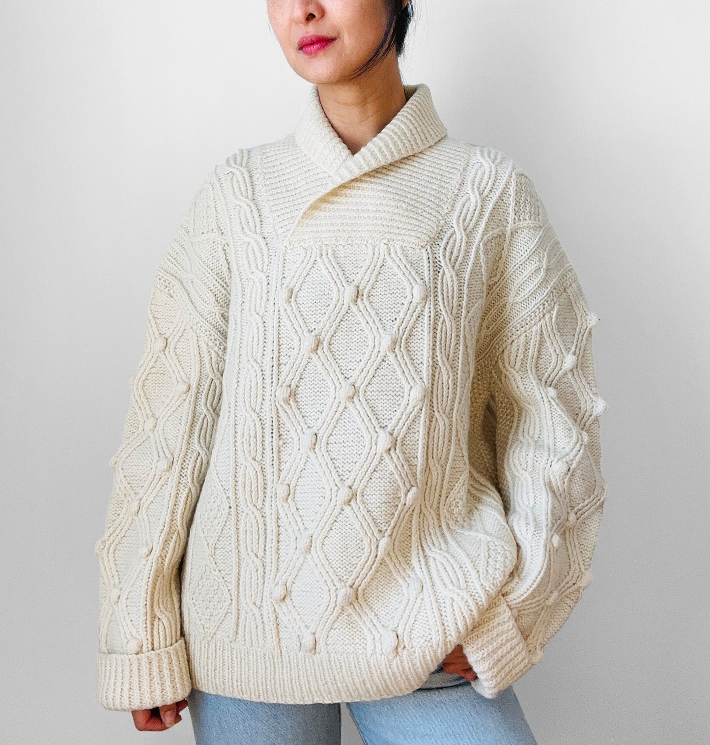 Off-White Heavy Wool Knit Bobble-Knit Cable-Knit Oversized Knit Sweater