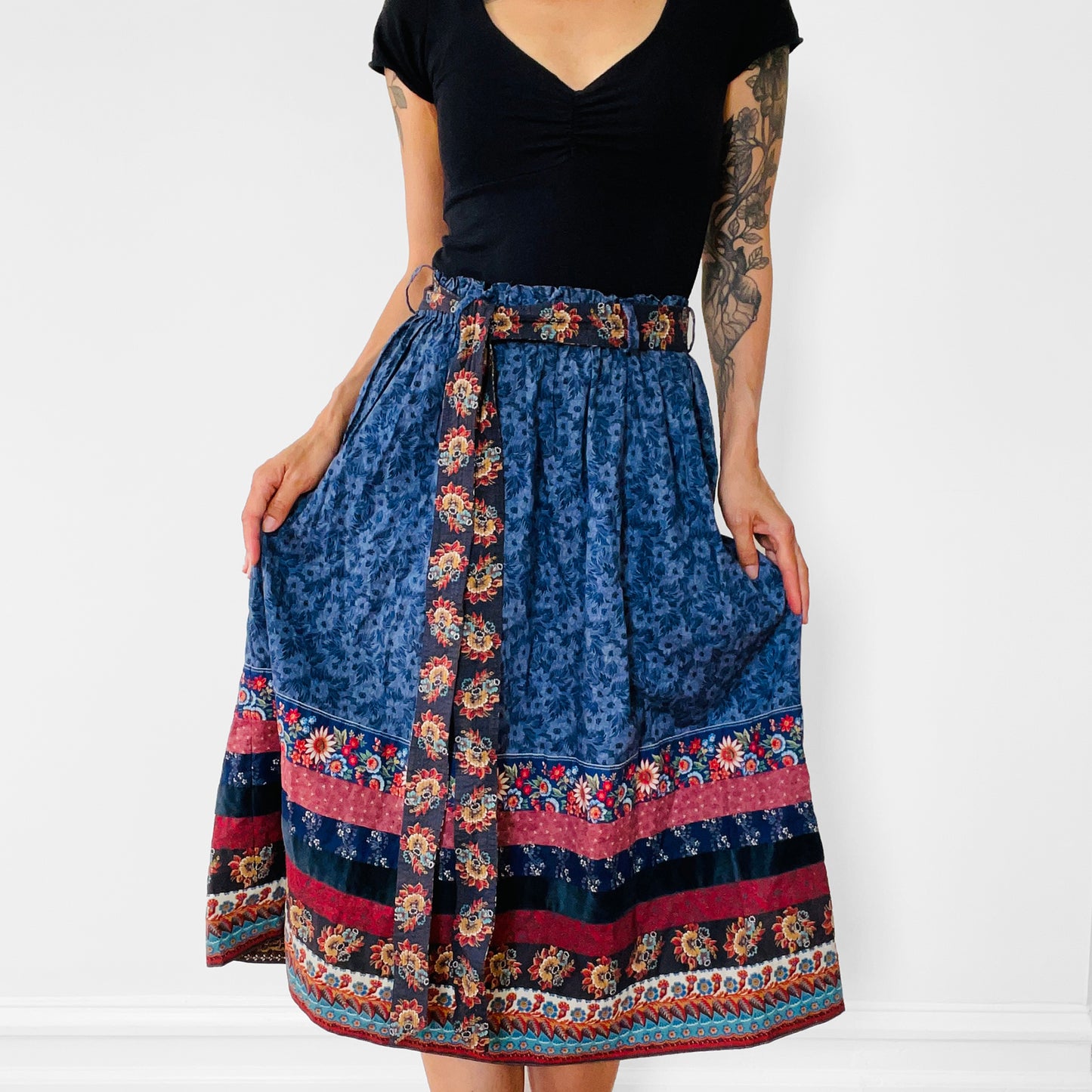 1970s Elastic-Waist Belted Midi-Length Cotton Patchwork Skirt