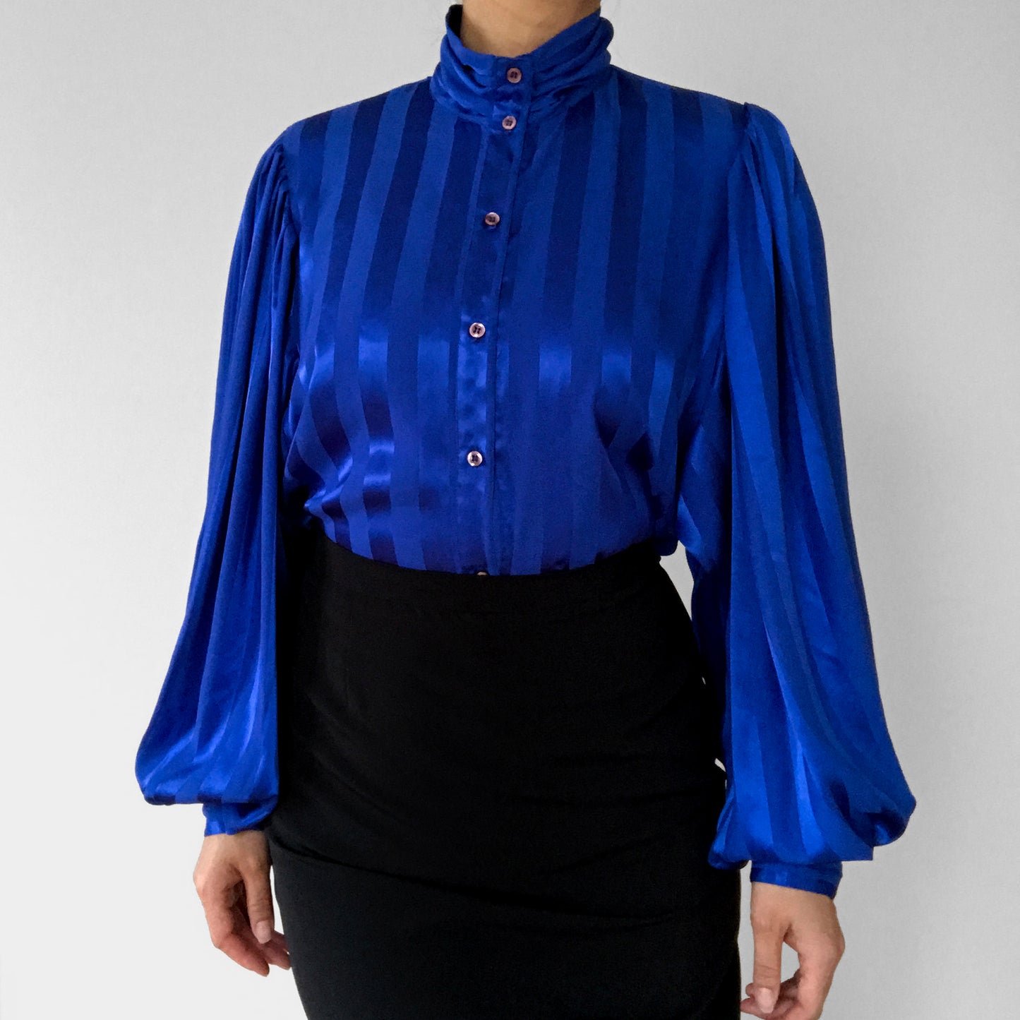 1980 Made in Canada Cobalt Blue Stripe High-Neck Button-Front Balloon-Sleeve Blouse