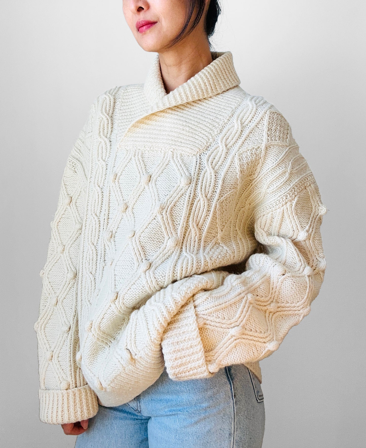 Off-White Heavy Wool Knit Bobble-Knit Cable-Knit Oversized Knit Sweater