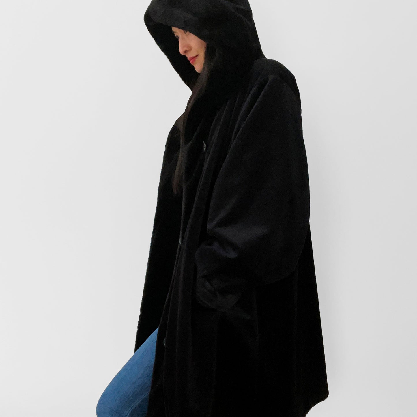 1980s Black Faux-Fur Reversible Hooded A-Line Coat