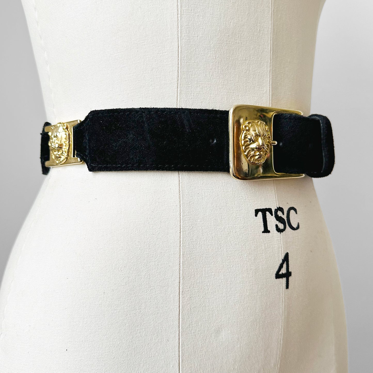 Made in Canada Black Suede Leather Lion Head Gold Buckle Belt - Sz. 30-33.75