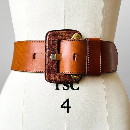 Large Buckle Amber Heavy Durable Leather Belt - Sz. 32 -36