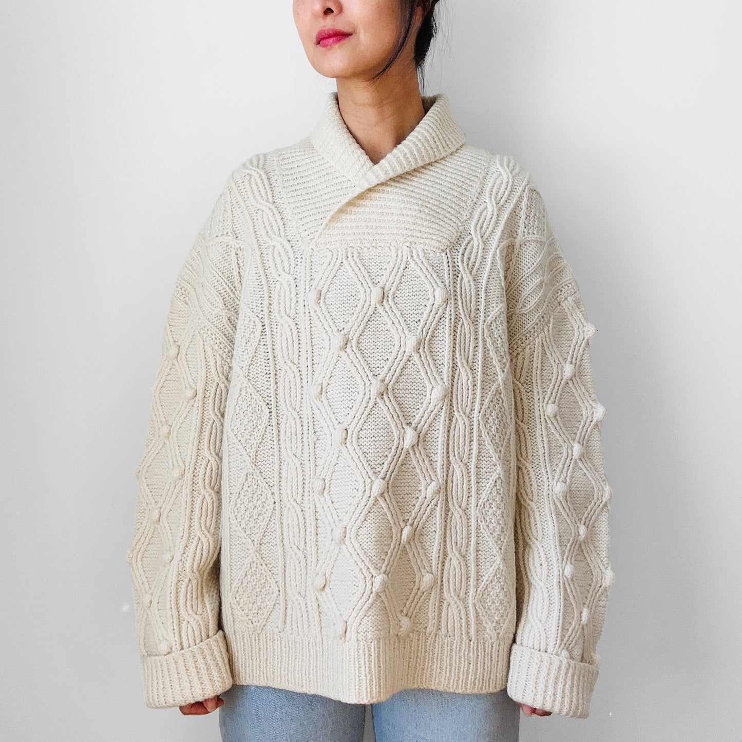 Off-White Heavy Wool Knit Bobble-Knit Cable-Knit Oversized Knit Sweater