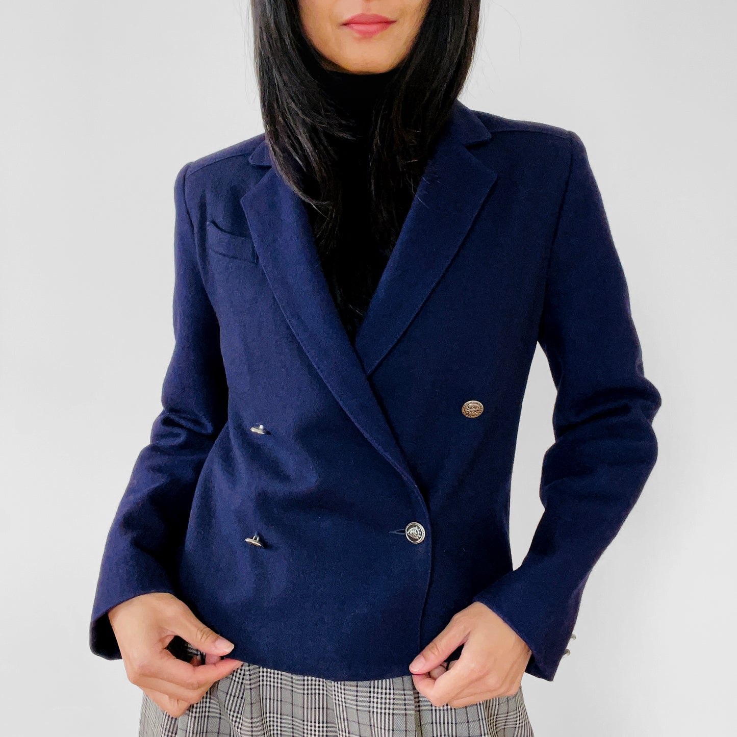 1970s Made in Canada Royal Navy Blue Double-Breasted Wool-Blend Fitted Blazer Jacket