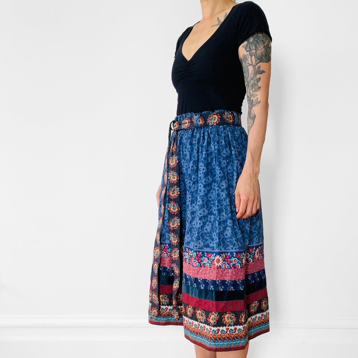 1970s Elastic-Waist Belted Midi-Length Cotton Patchwork Skirt