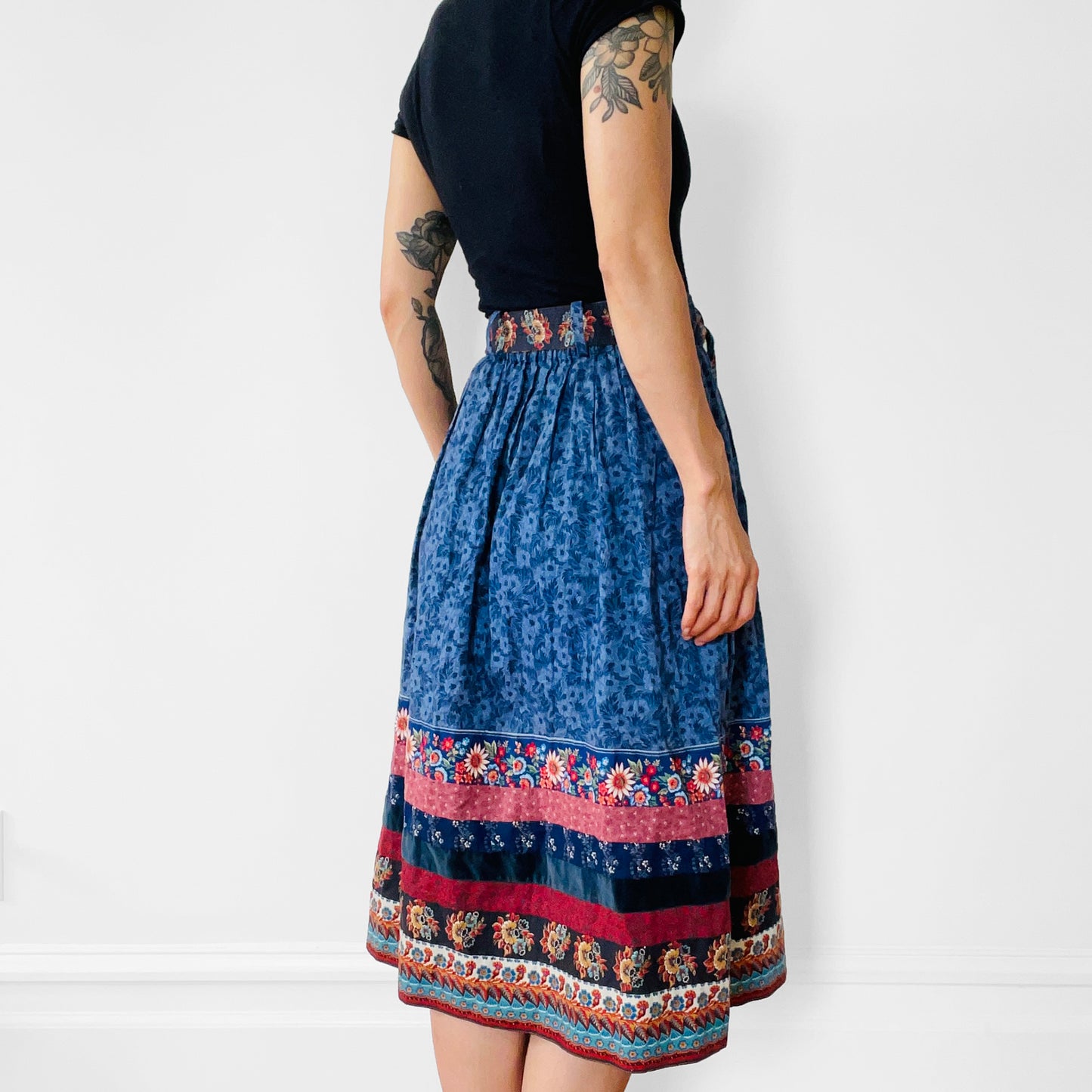 1970s Elastic-Waist Belted Midi-Length Cotton Patchwork Skirt