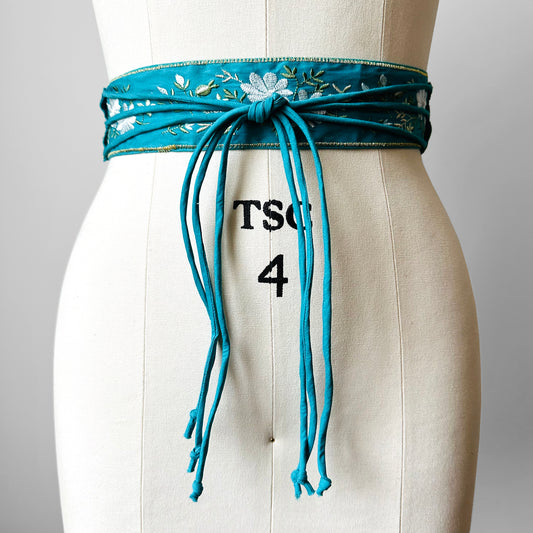 Turquoise Floral Embroidered Wrap Belt - O/S