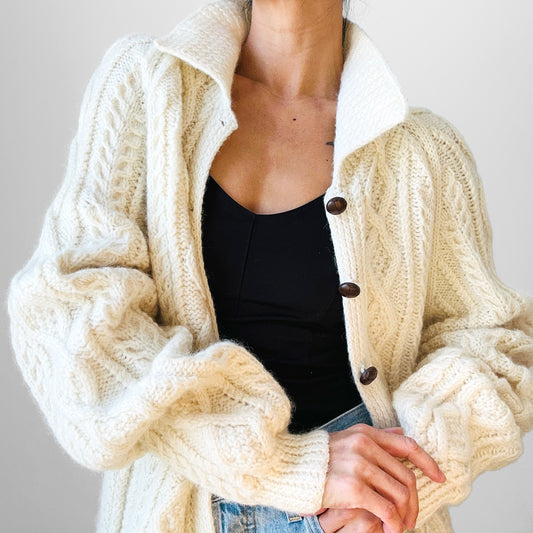 1960s - 1970s Cream Made in Ireland Pure New Wool Heavy Knit Cable-Knit Handmade Wood Button Cardigan Sweater