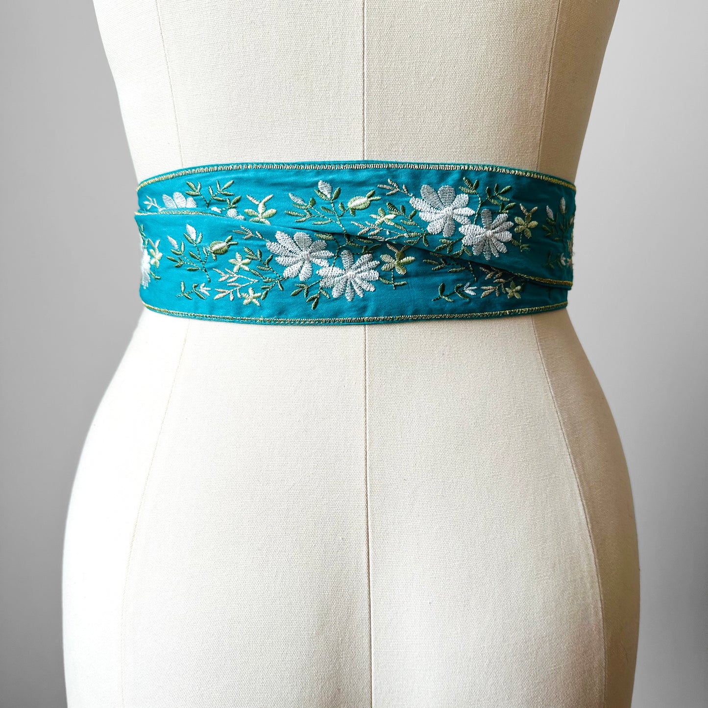 Turquoise Floral Embroidered Wrap Belt - O/S