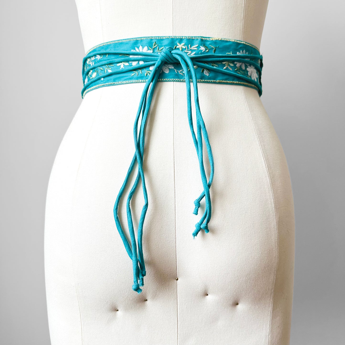 Turquoise Floral Embroidered Wrap Belt - O/S