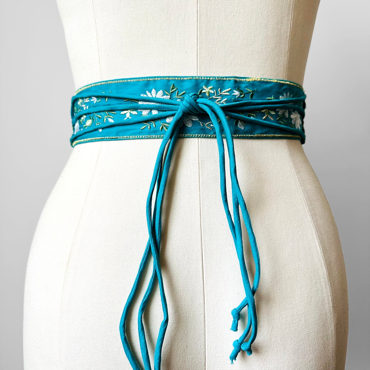 Turquoise Floral Embroidered Wrap Belt - O/S