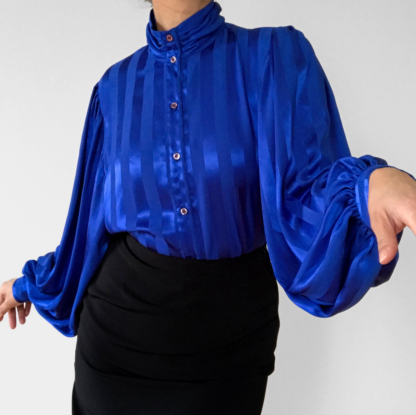 1980 Made in Canada Cobalt Blue Stripe High-Neck Button-Front Balloon-Sleeve Blouse