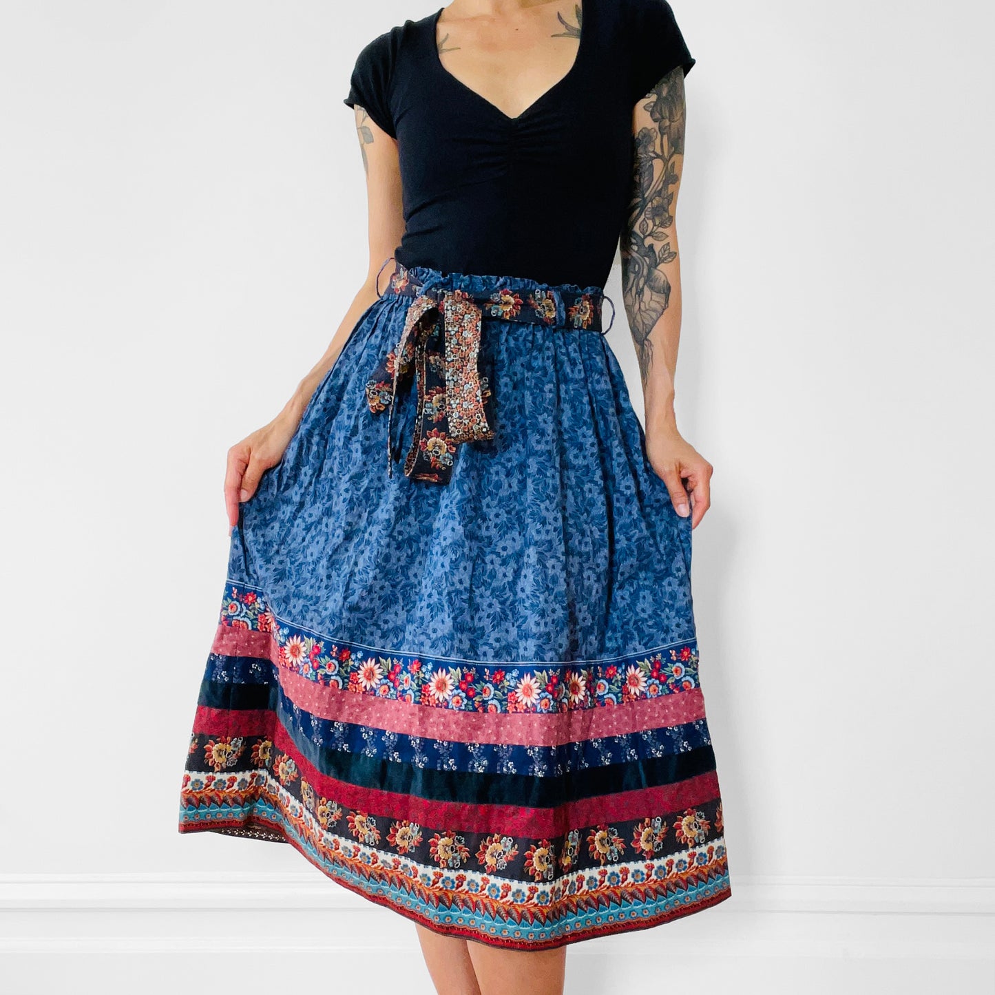 1970s Elastic-Waist Belted Midi-Length Cotton Patchwork Skirt