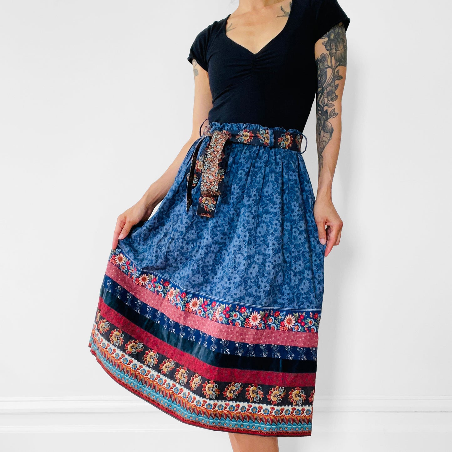 1970s Elastic-Waist Belted Midi-Length Cotton Patchwork Skirt