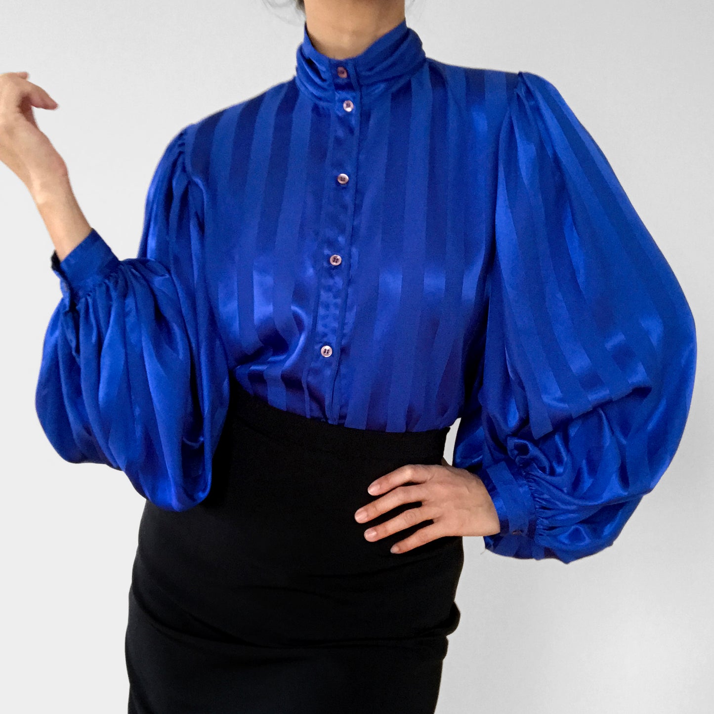 1980 Made in Canada Cobalt Blue Stripe High-Neck Button-Front Balloon-Sleeve Blouse