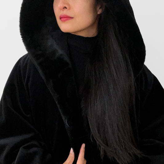 1980s Black Faux-Fur Reversible Hooded A-Line Coat