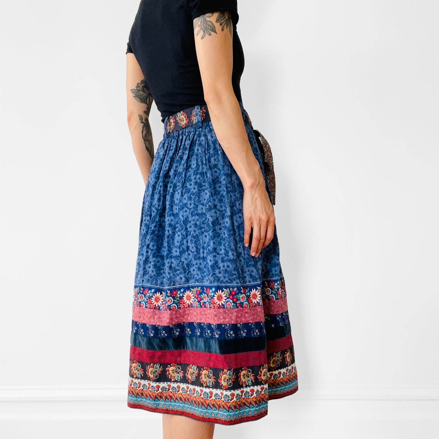 1970s Elastic-Waist Belted Midi-Length Cotton Patchwork Skirt