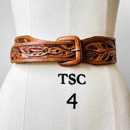 1970s Tan Tooled Leather True Waist Belt - Sz. 26-28.5