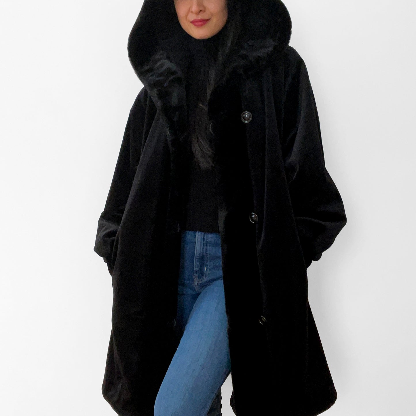 1980s Black Faux-Fur Reversible Hooded A-Line Coat