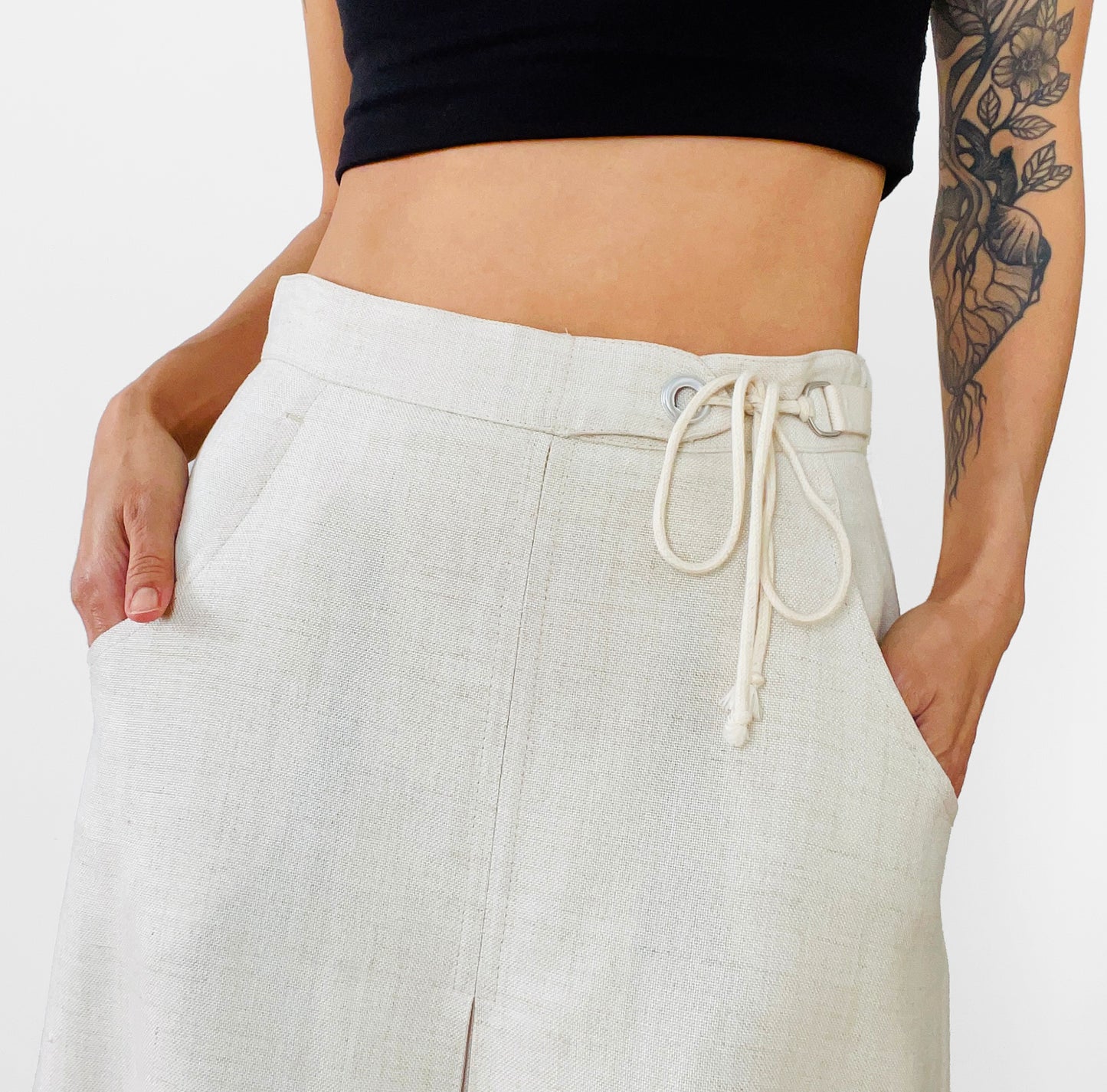 1960s Off-White Linen Tied-Waist A-line Inverted Pleat Skirt