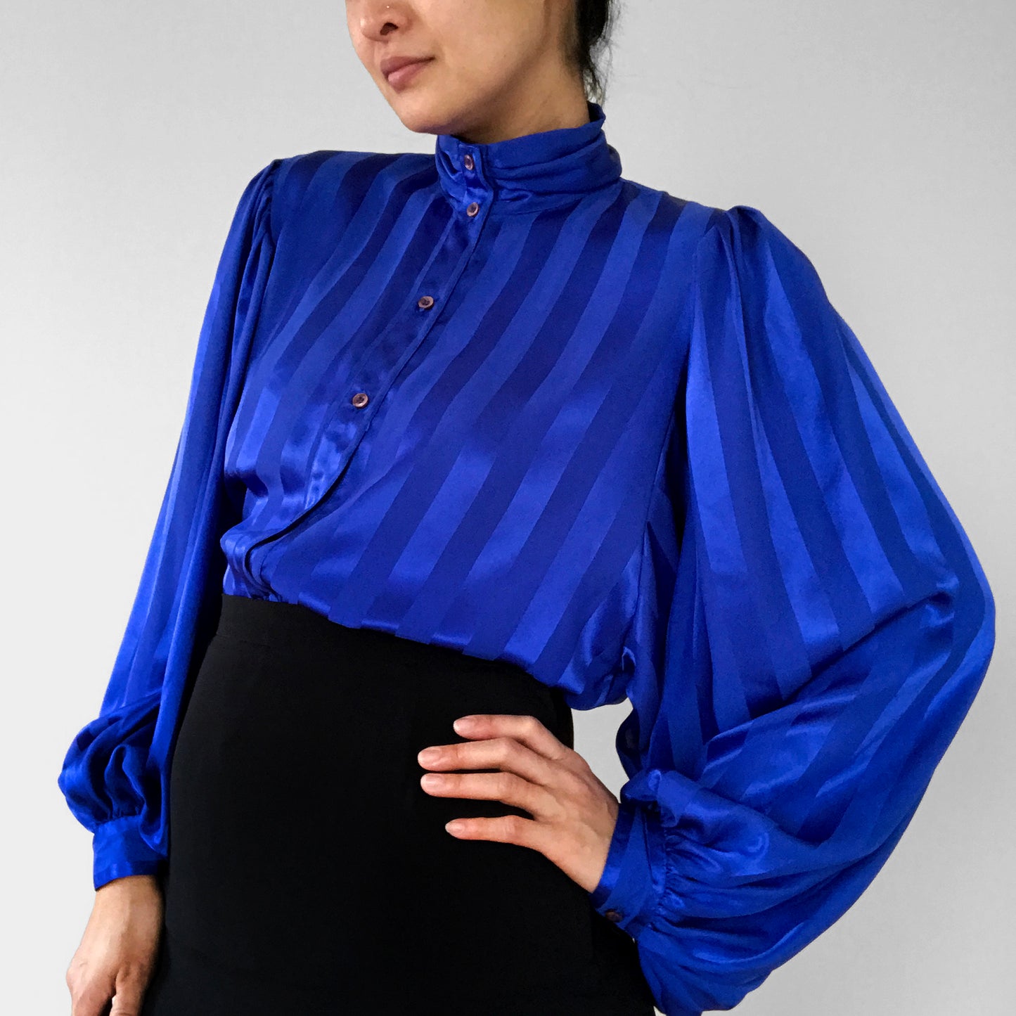 1980 Made in Canada Cobalt Blue Stripe High-Neck Button-Front Balloon-Sleeve Blouse