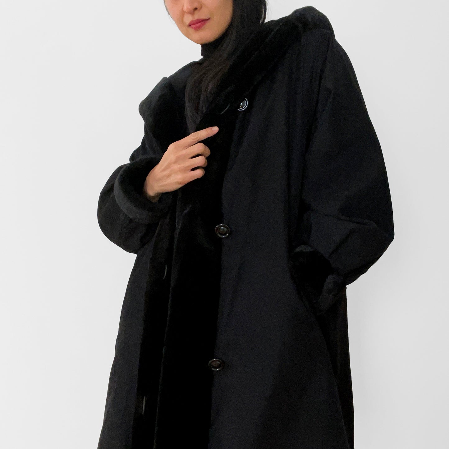 1980s Black Faux-Fur Reversible Hooded A-Line Coat