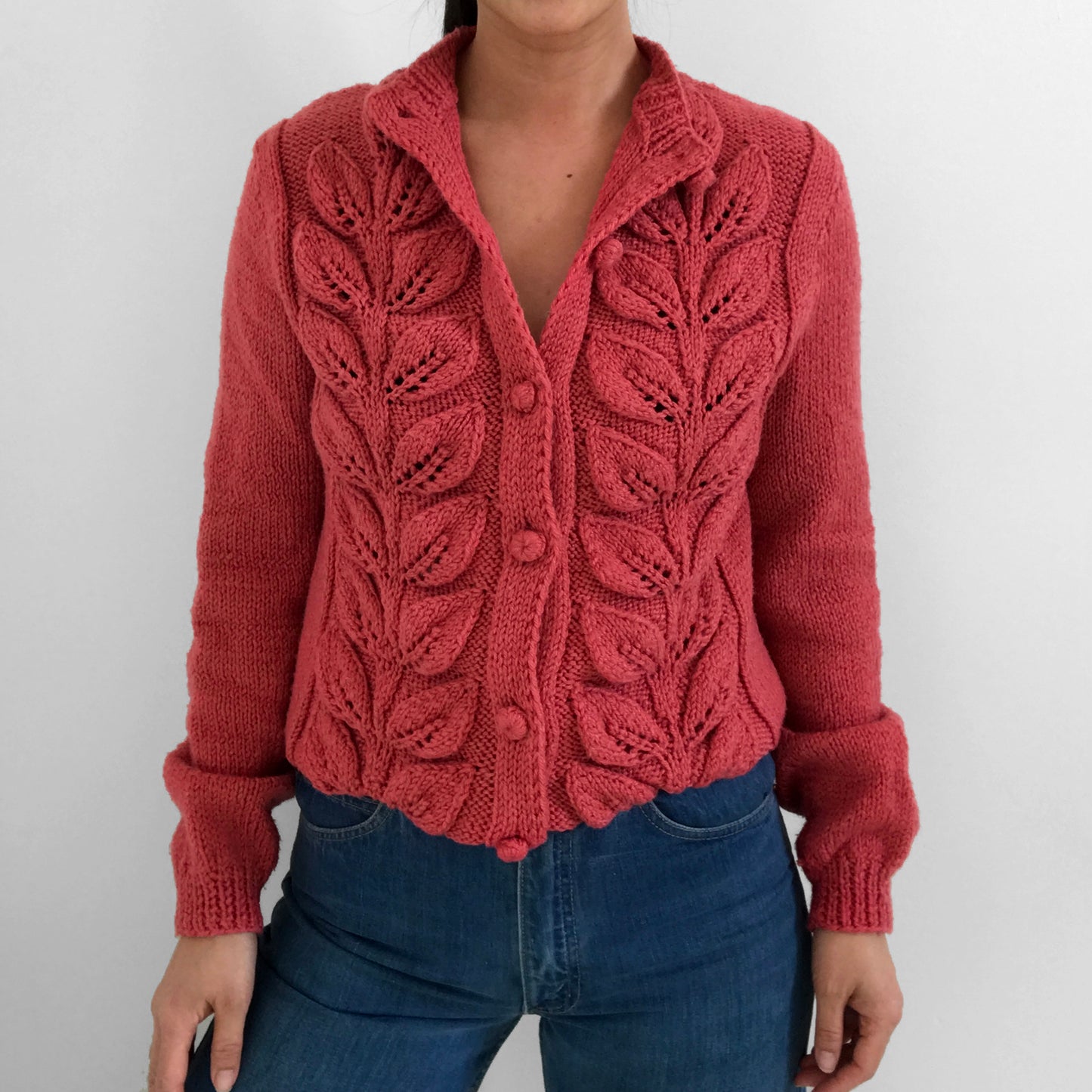 Hand-Knit Handmade Leaf-Patterned Dark Dusty-Rose Pink Cardigan Sweater