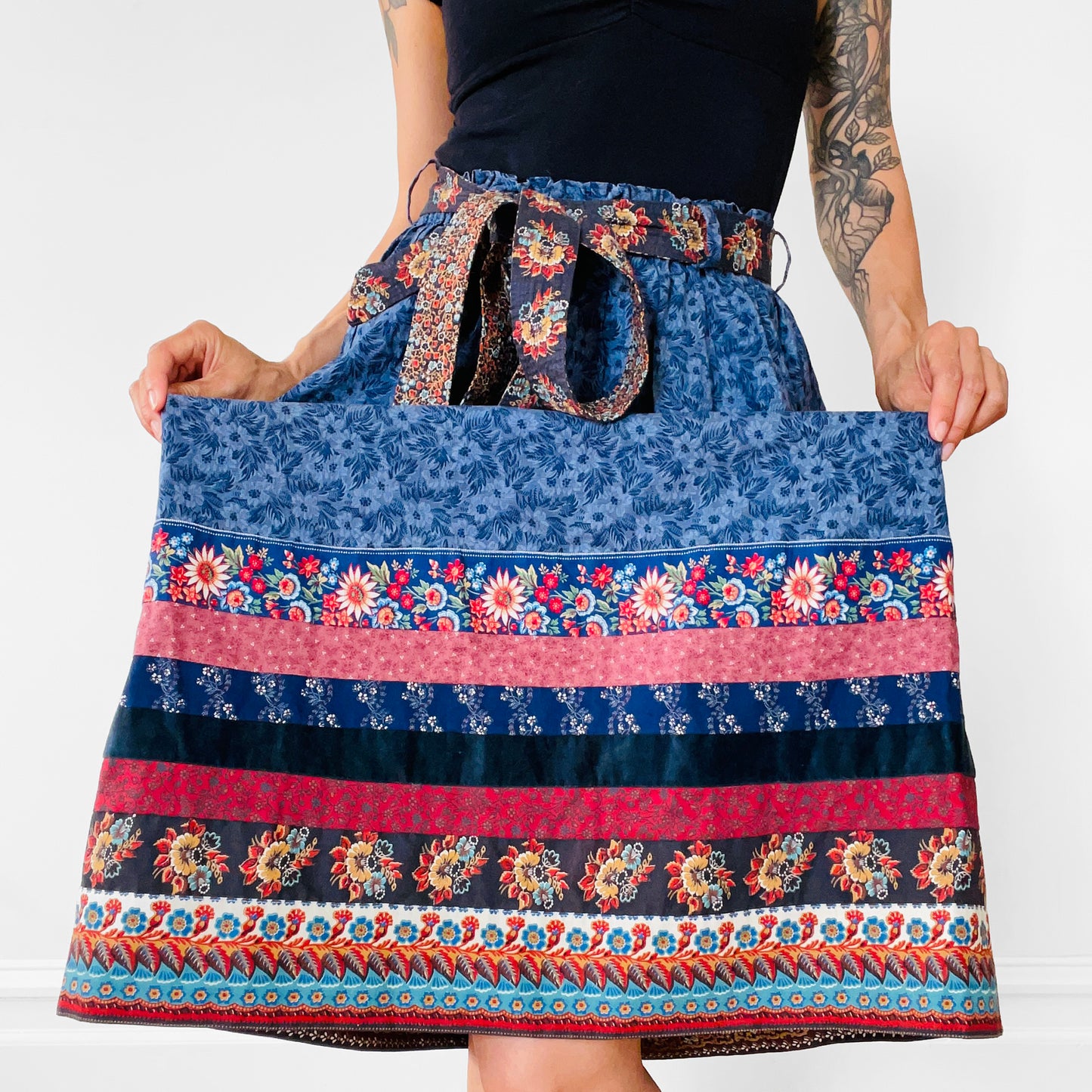 1970s Elastic-Waist Belted Midi-Length Cotton Patchwork Skirt