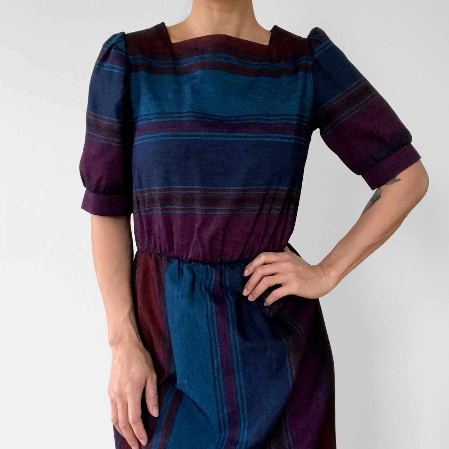 1980s Block Colour Large Stripe Fitted Waist Dress