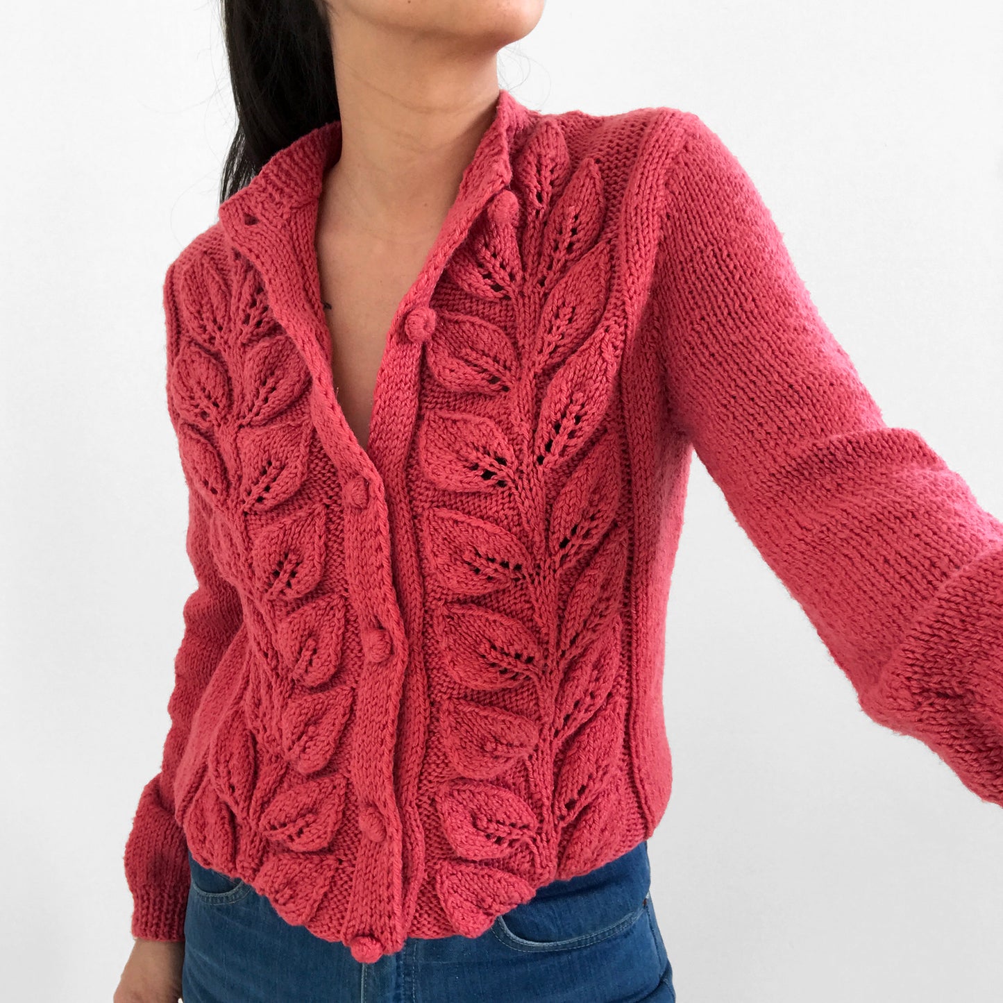 Hand-Knit Handmade Leaf-Patterned Dark Dusty-Rose Pink Cardigan Sweater