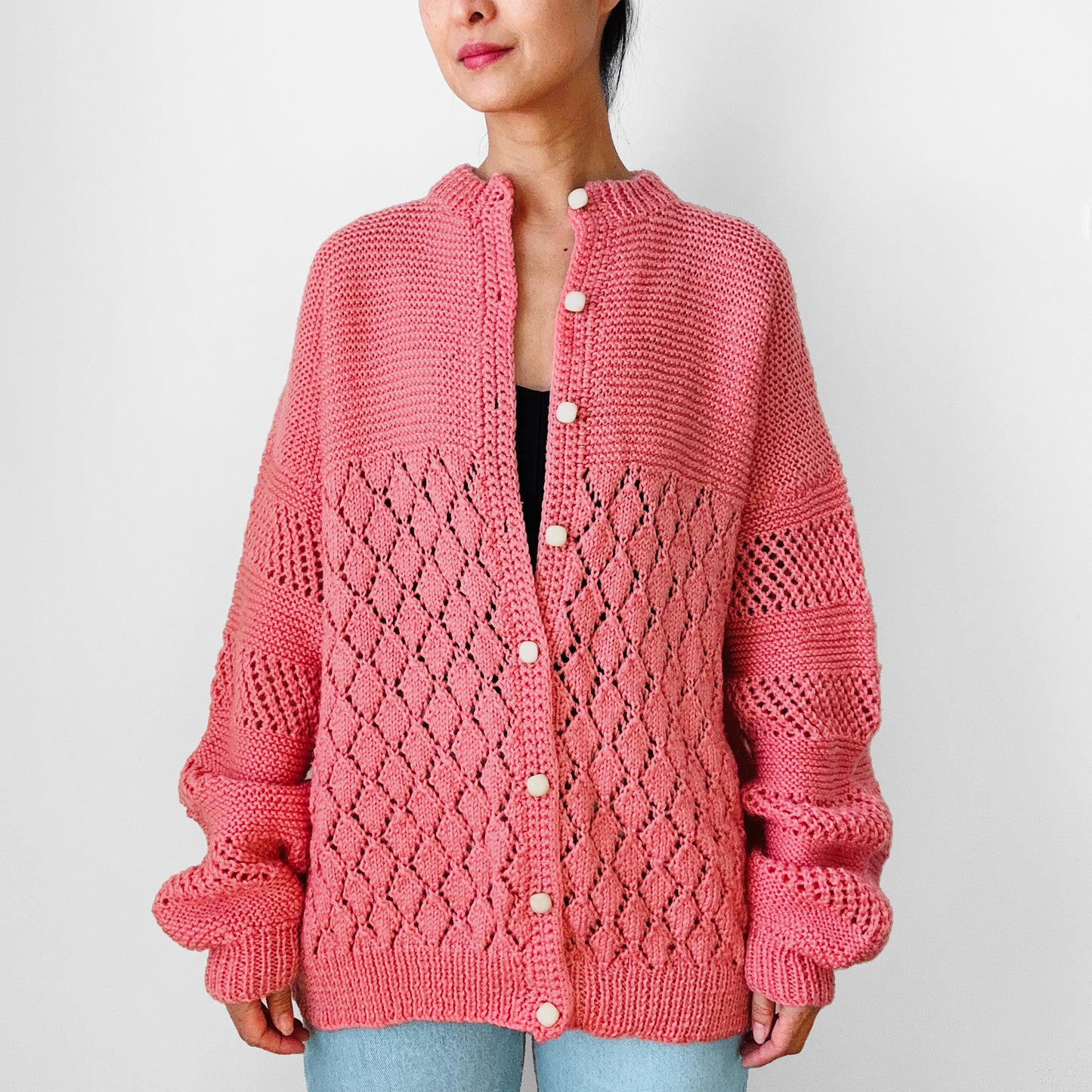 1970 Dusty Rose Pink Textured Hand-Knit Handmade Relaxed Fit Cardigan Sweater