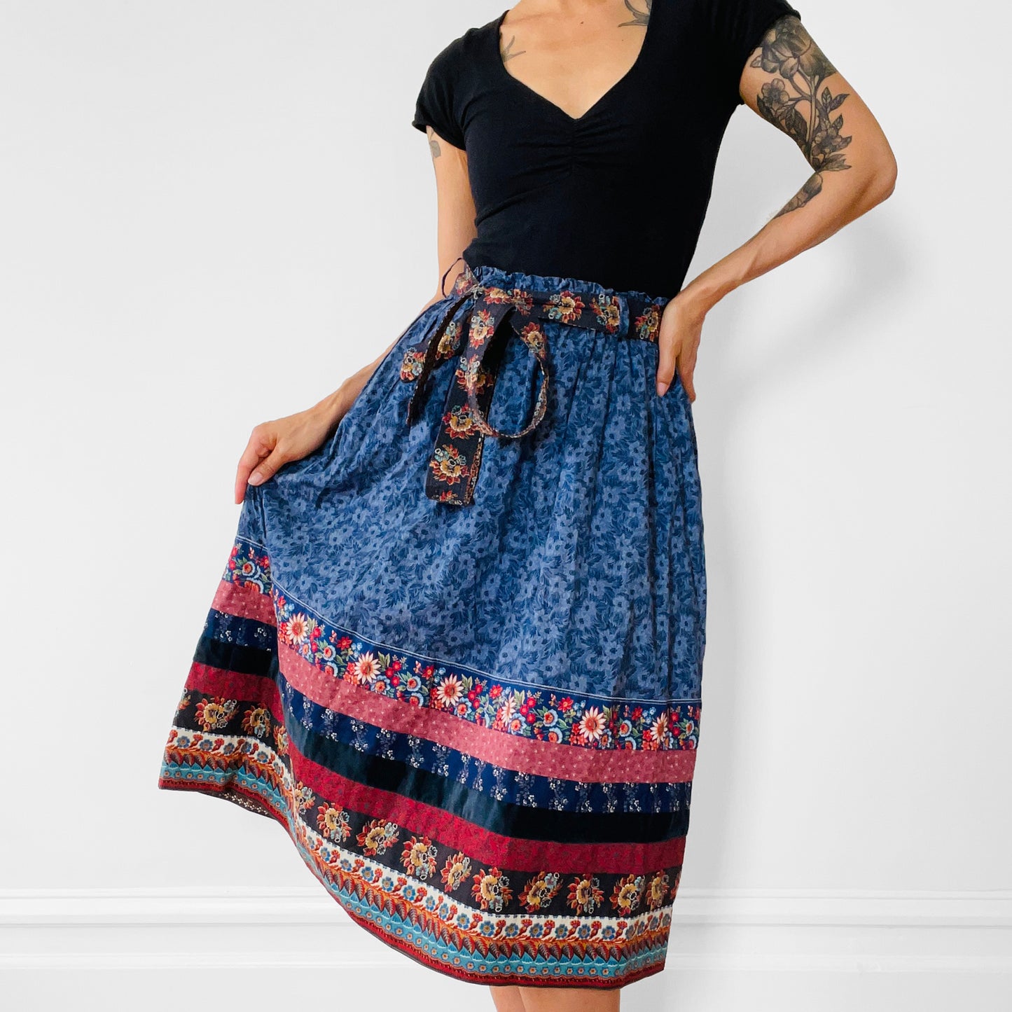 1970s Elastic-Waist Belted Midi-Length Cotton Patchwork Skirt