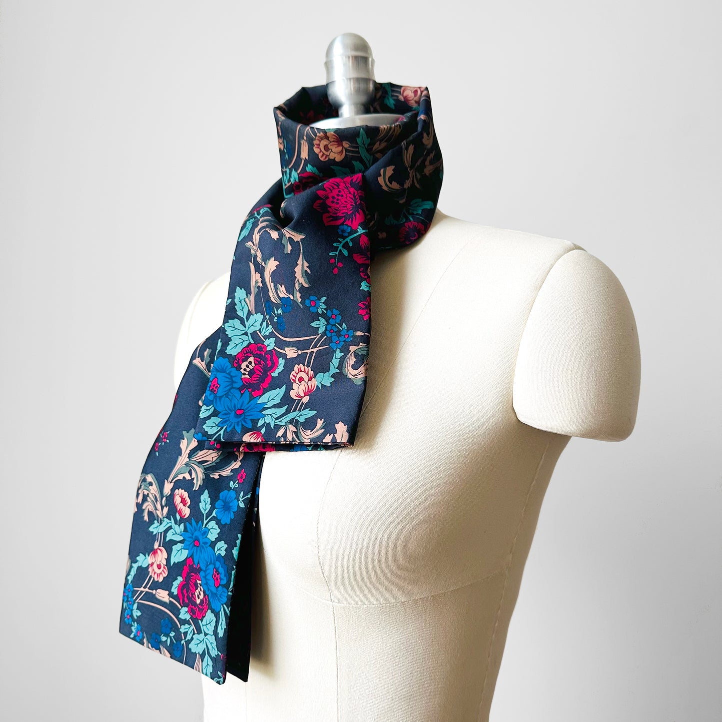 Vintage, 80s, 1980s, Navy, Floral, Opera Scarf, Ascot, Scarf, Belt