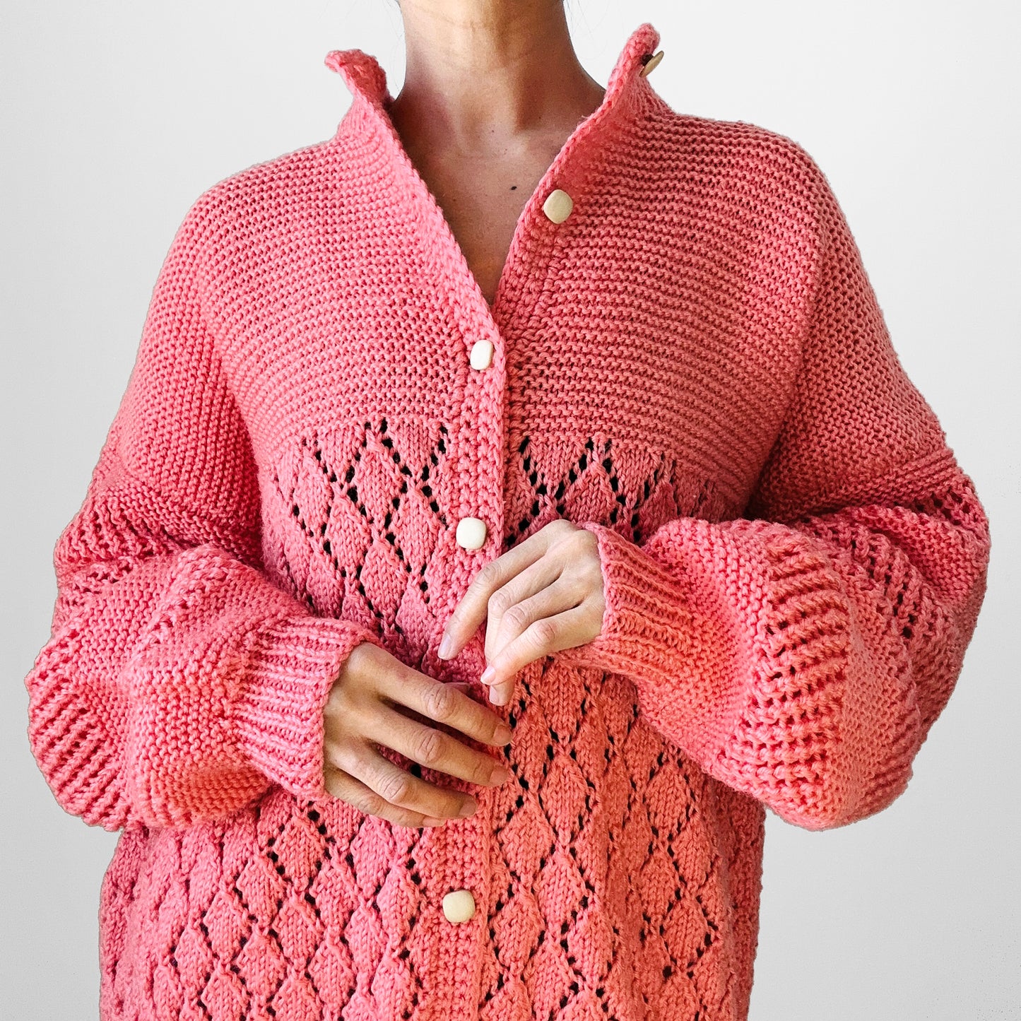 1970 Dusty Rose Pink Textured Hand-Knit Handmade Relaxed Fit Cardigan Sweater