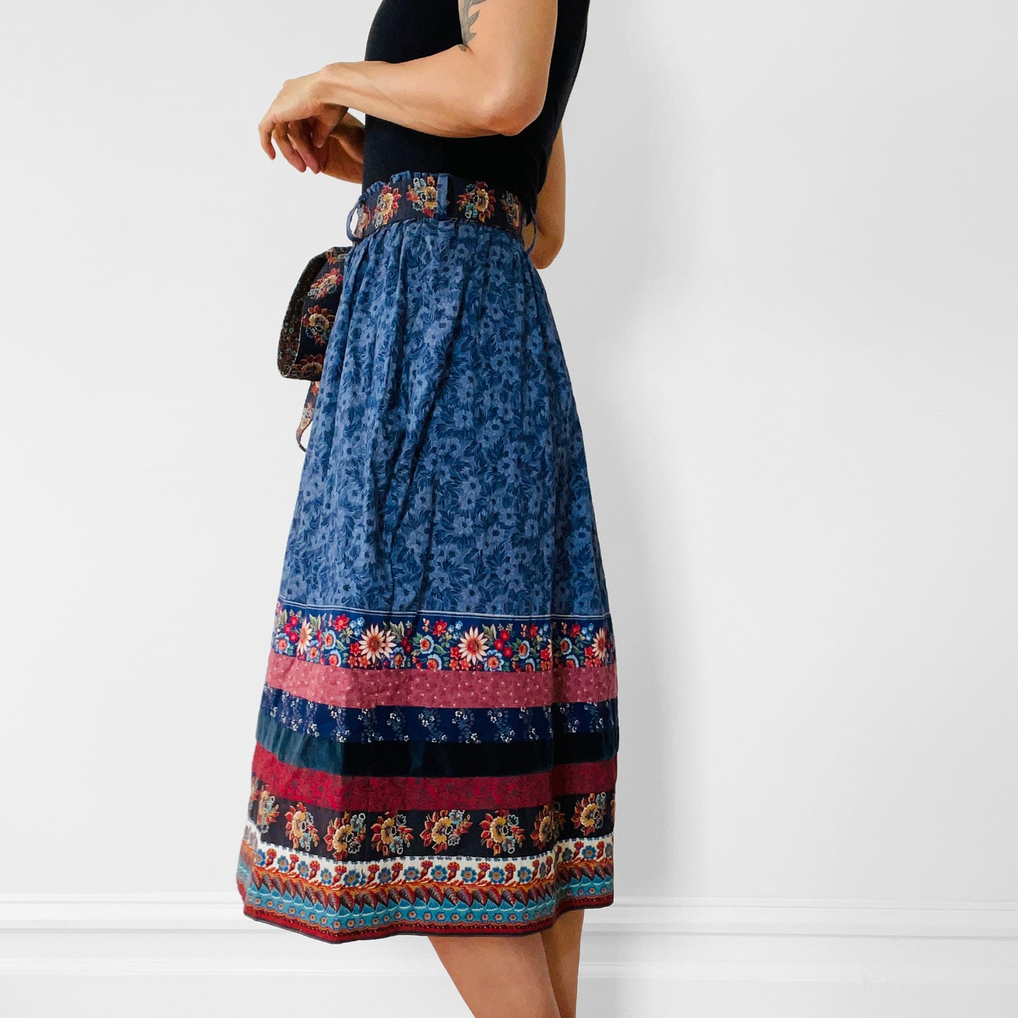 1970s Elastic-Waist Belted Midi-Length Cotton Patchwork Skirt