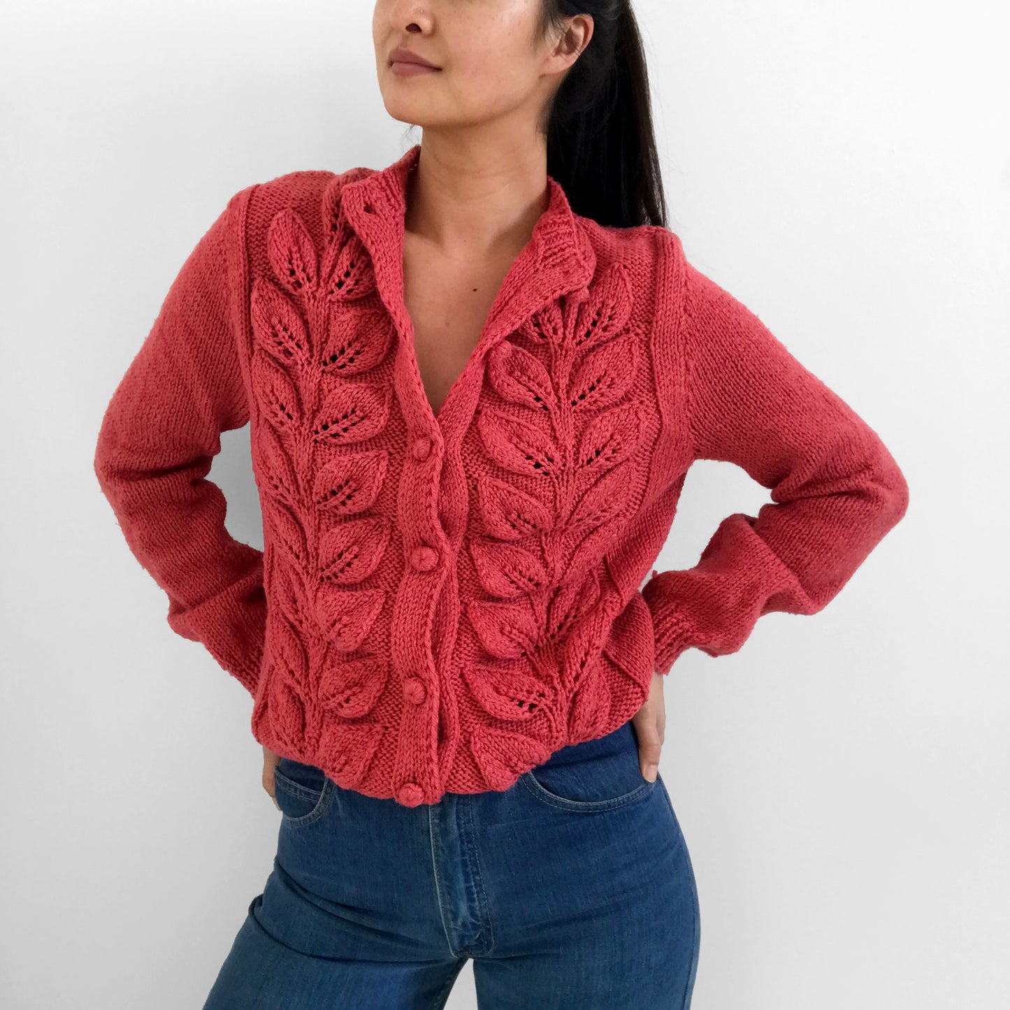 Hand-Knit Handmade Leaf-Patterned Dark Dusty-Rose Pink Cardigan Sweater