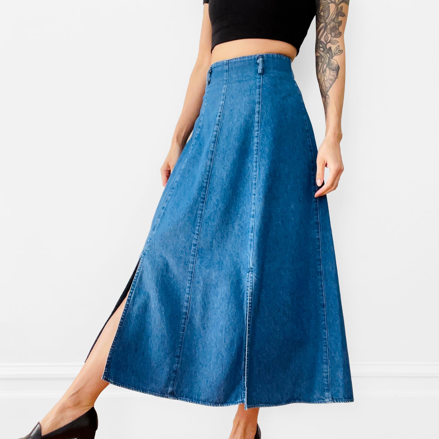 1990s Blue Denim Jean Chambray Split-Front A-line Skirt