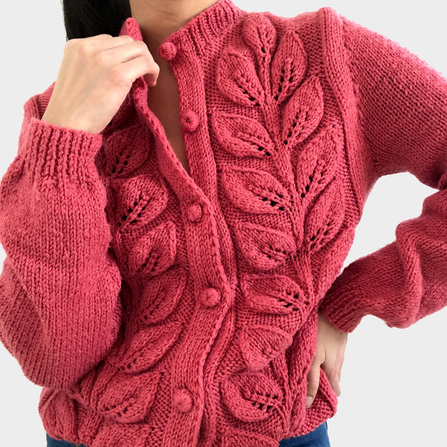 Hand-Knit Handmade Leaf-Patterned Dark Dusty-Rose Pink Cardigan Sweater