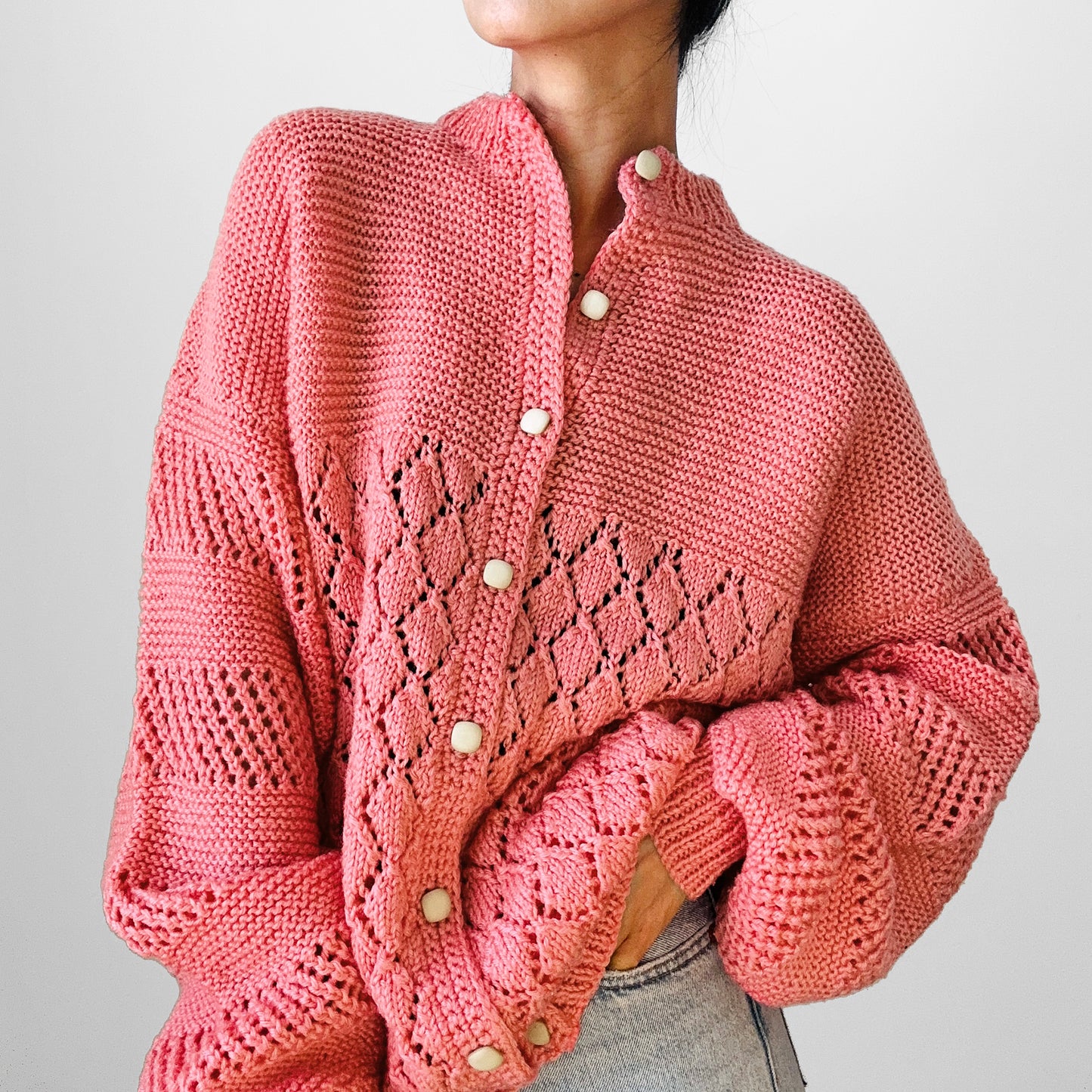 1970 Dusty Rose Pink Textured Hand-Knit Handmade Relaxed Fit Cardigan Sweater