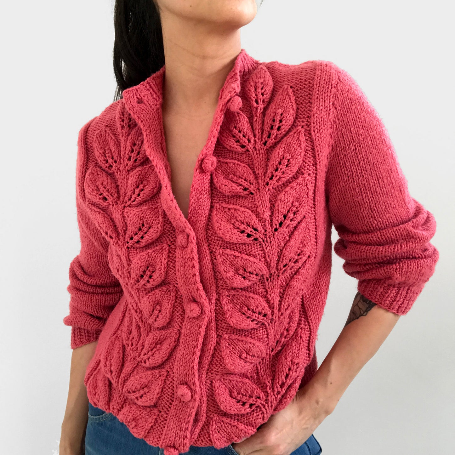 Hand-Knit Handmade Leaf-Patterned Dark Dusty-Rose Pink Cardigan Sweater