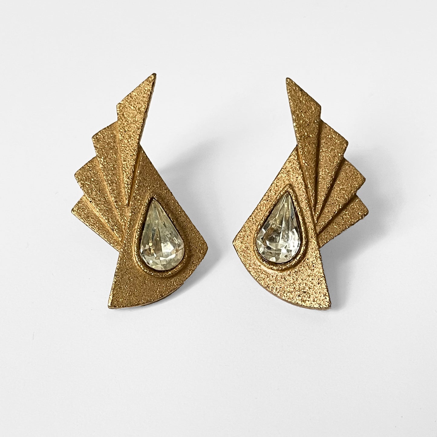 1970s Gold-Toned Glitter Faux Diamond Wing Deco Earrings