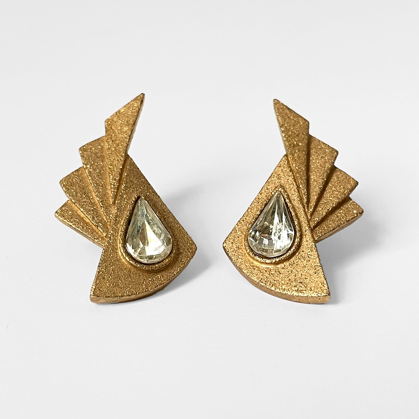 1970s Gold-Toned Glitter Faux Diamond Wing Deco Earrings