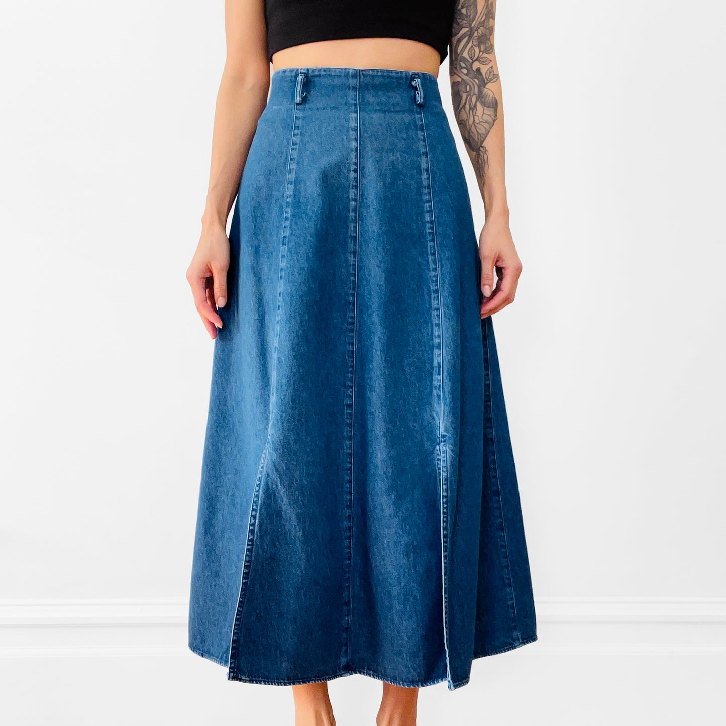 1990s Blue Denim Jean Chambray Split-Front A-line Skirt