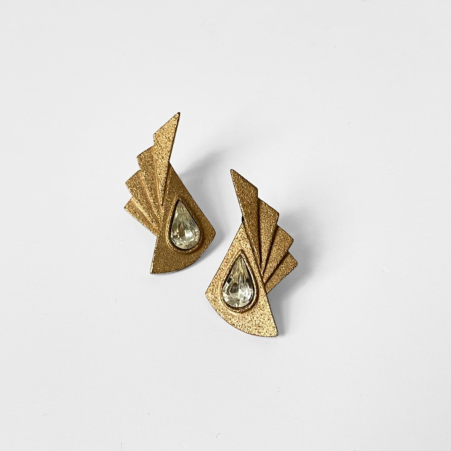 1970s Gold-Toned Glitter Faux Diamond Wing Deco Earrings