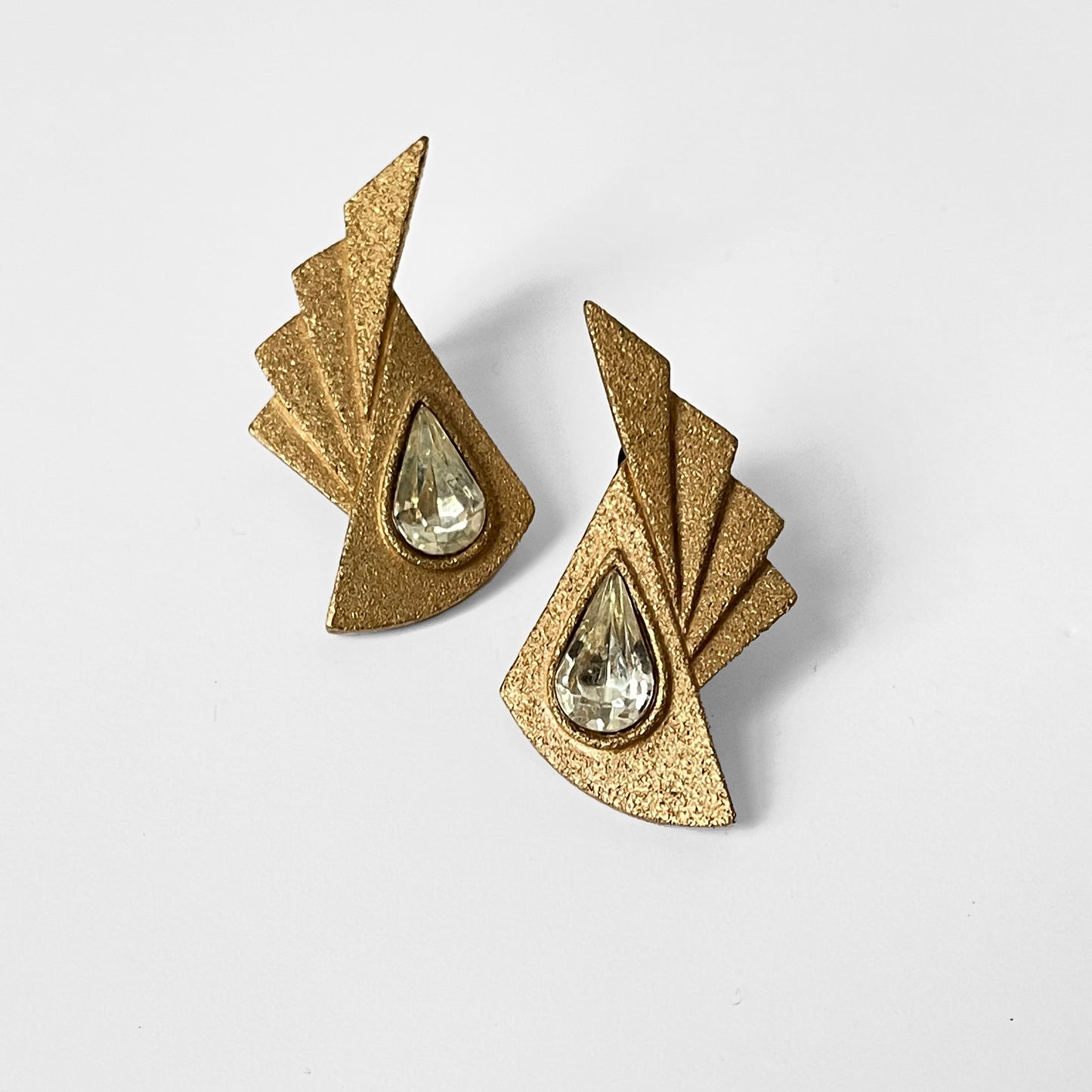 1970s Gold-Toned Glitter Faux Diamond Wing Deco Earrings