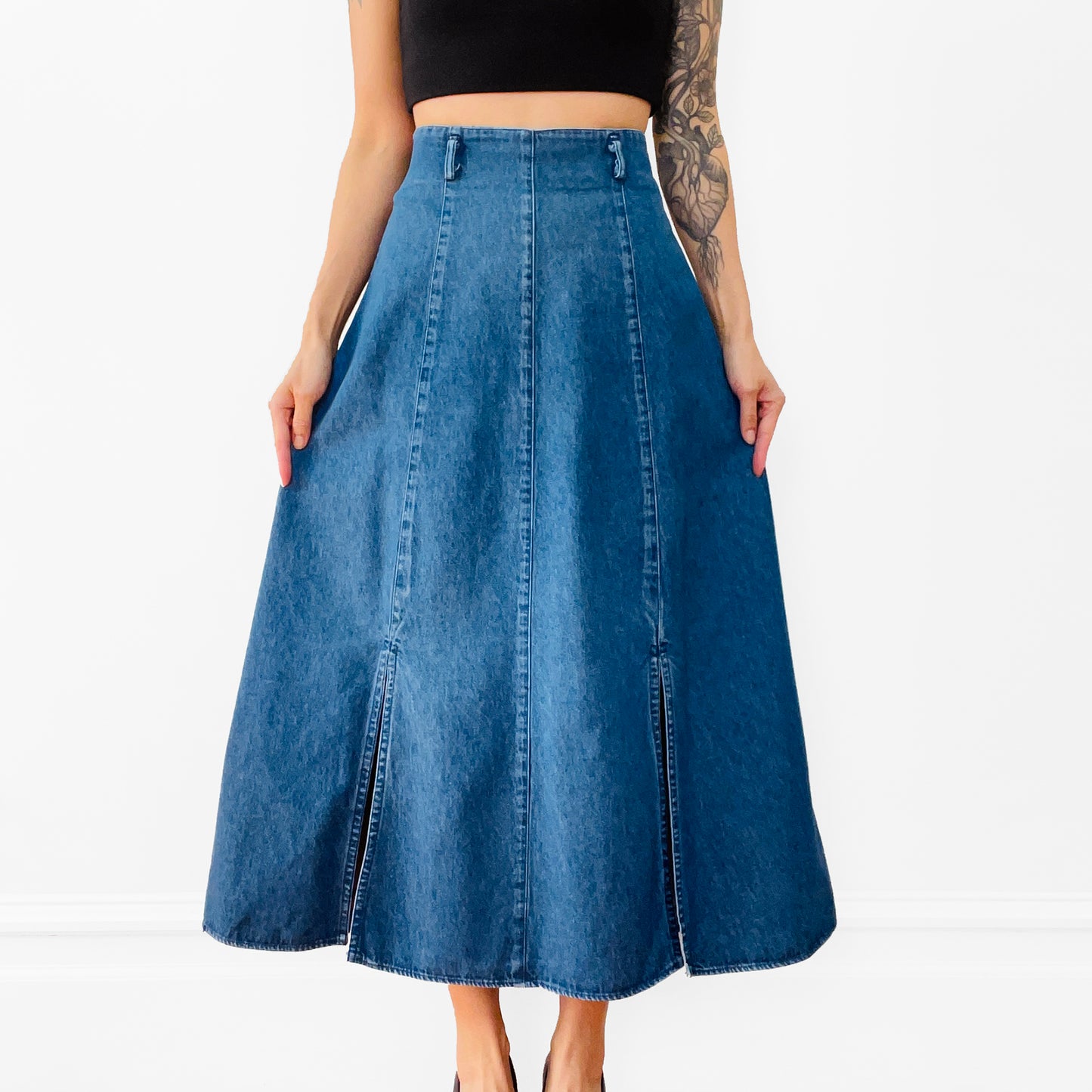 1990s Blue Denim Jean Chambray Split-Front A-line Skirt