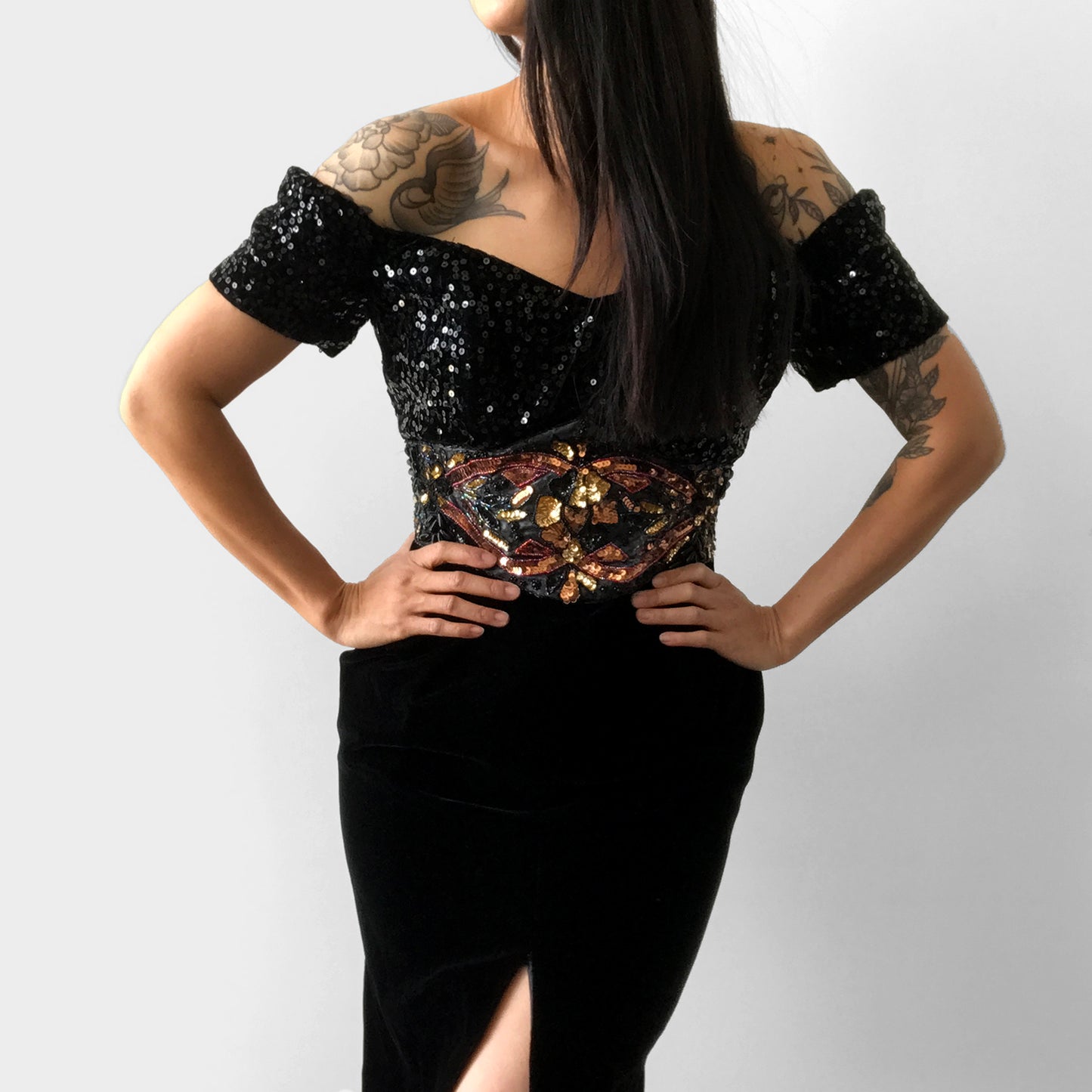 1980s Sequins Black Velvet Beaded Dress